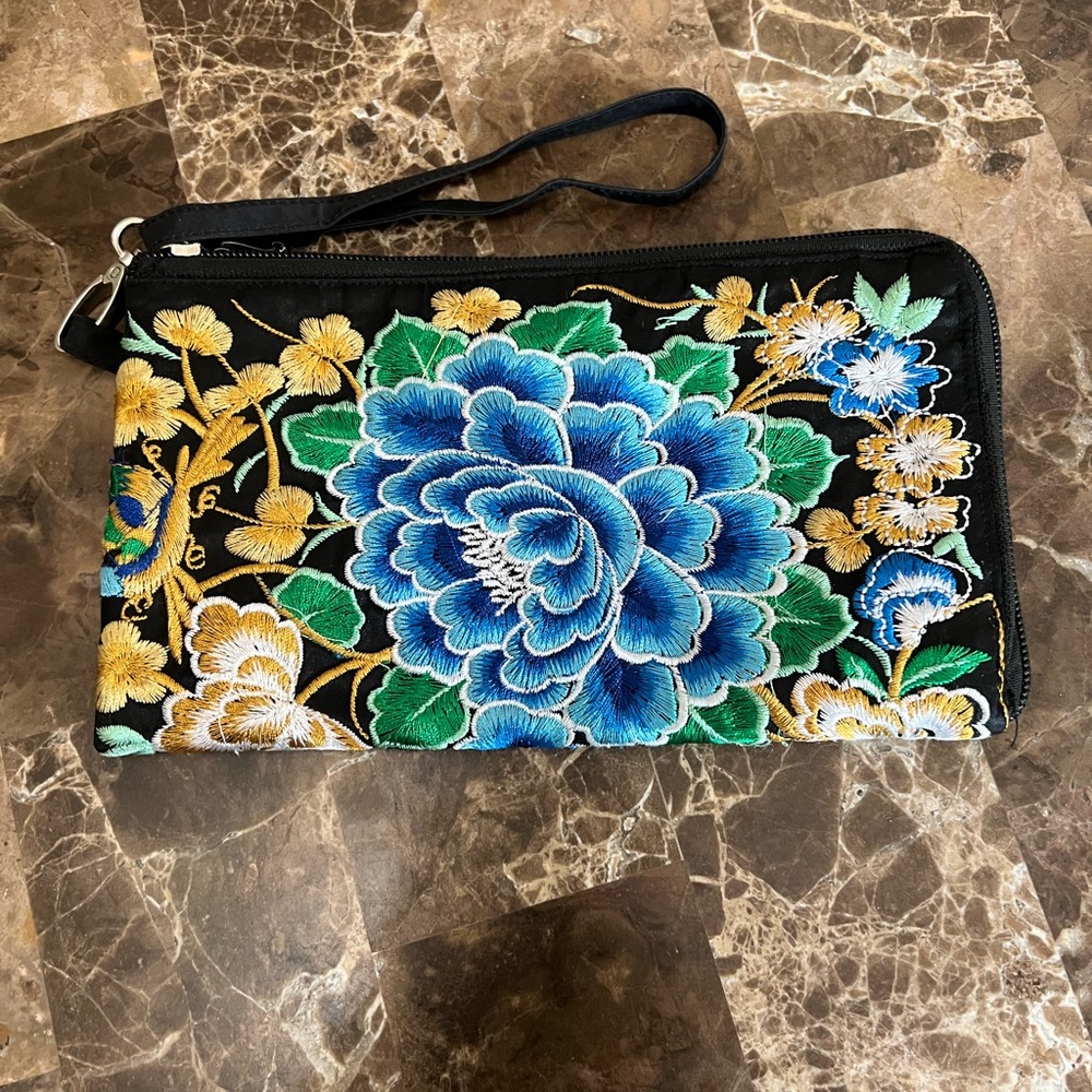 Floral embroidered zip wallet